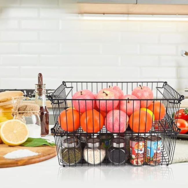 Set of 2 Stackable XXL Wire Baskets For Pantry Storage and Organization -16x12in Large Metal Food Baskets - Pantry Storage Bins With Handles (Black, XXL)