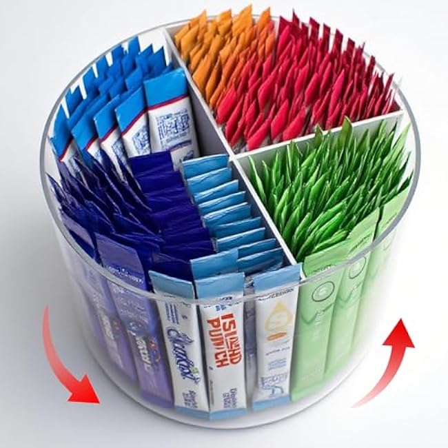360¡ã Spinning Drink Packet Organizer, Clear BPA-Free Plastic 4-Section Clear Storage for Coffee, Sugar & Drink Mixes | Stackable Kitchen & Pantry Container