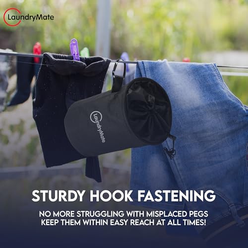 Laundry Mate Peg Bag With Closure Drawstring & Hanging Hook - Extra Large Weather Resistant Laundry Clothes Peg Storage - Hanging Clothesline Peg Bag (Black) - Image 7