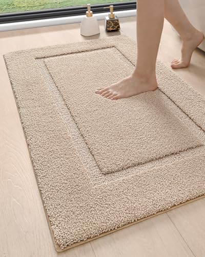 DEXI Bathroom Rugs 43x24, Washable Non Slip Bath Mat for Shower Floor, Absorbent Quick Dry Bathmat with Rubber Backing, Ultra Soft Plush Carpet for Tub, Beige