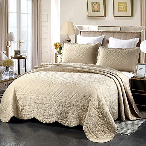 Vctops 100% Cotton Floral Embroidered Quilt Set 3-Piece Oversize Queen Size Reversible Diamond Pattern Quilted Bedspread Coverlet Bed Cover (Oversize Queen,Khaki) #TOP1