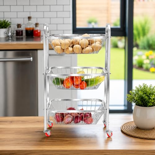 Image of Stainless Steel Fruit & Vegetable Trolley for kichen Fruit Basket Vegetable Basket Onion Potato Rack for Kitchen Stand for Kitchen (03 Layer Trolley)