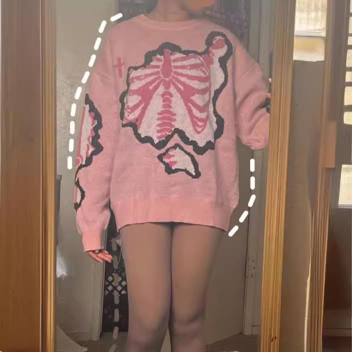 CORIRESHA Women's Halloween Skeleton Sweater Round Neck Y2k Pattern Loose Knitted Gothic Pullover Top4