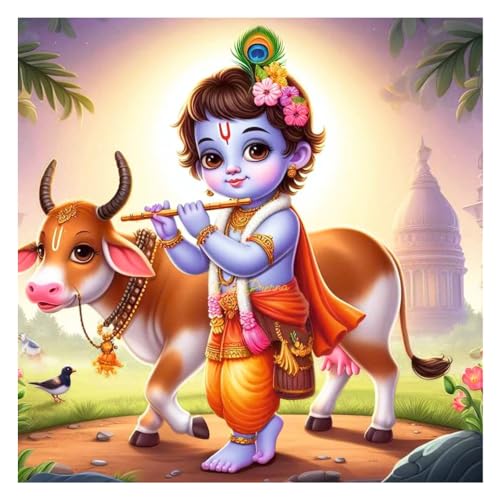 Image of Akki World Shree Bal Krishna With Cow God Wall Poster For Pooja Room, Bedroom, Kids Room, (Size - 46Cm X 46Cm)
