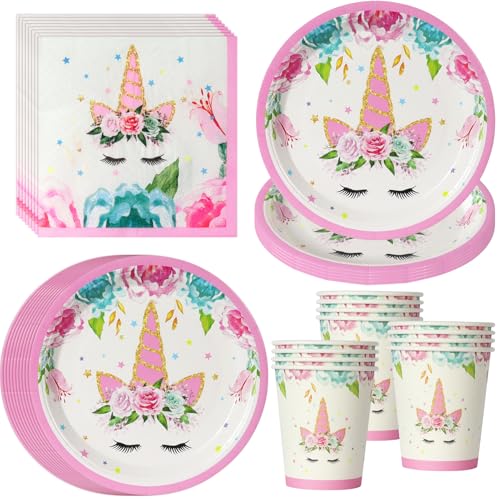 PYAILI Set 52 pezzi tema unicorno e fiori Piatti, bicchieri e tovaglioli per decorazione compleanno romantica con motivi floreali, per 16 ospiti