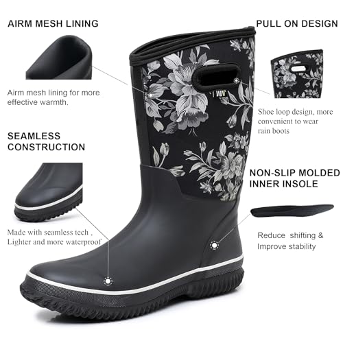 Image of WTW Womens Mid Calf Rain Boots - Waterproof Insulated Neoprene Rubber Boots Mud Outdoor Hunting Garden Boots
