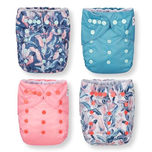 Image of Nora's Nursery Cloth Pocket Diapers 4 Pack with 4 Inserts - Waterproof Cover, Washable, Reusable & One Size Adjustable Pocket Diapers for Newborns and Toddlers - Flora