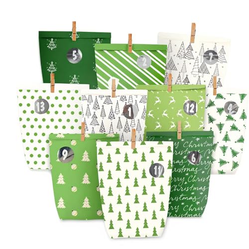 Adventskalender zum Befüllen, 24 Adventstüten zum Basteln, Weihnachtskalender zum Selbstbefüllen, Bedruckt Weihnachtstüten mit Zahlenaufkleber zum selber befuellbar (Grün)