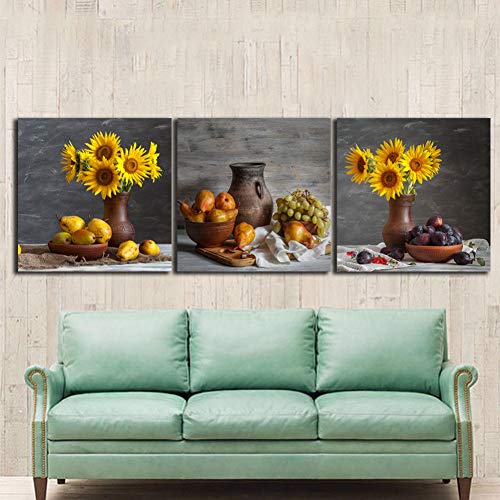 MMLFY 3 Pinturas Decorativas 40x40cmx3pcsu00a0u00a0u00a0Bodegones Girasoles Pinturas para la Cocina Fruta decoración de la Pared Lienzo Moderno Arte Cuadros de Pared para Sala de Estar sin Marco