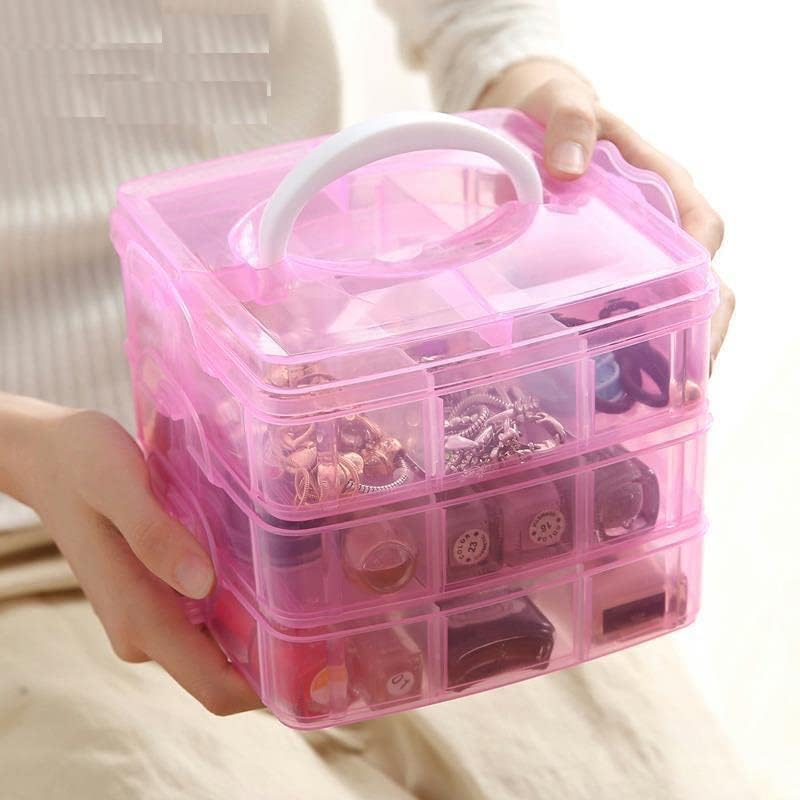 DTT 18 Grid 3 layer box Clear Plastic Organizer Jewelry Storage Box with Adjustable Dividers Transparent Organizer Box for Earring (Made in India) (18 Grids Plastic Storage Box) (Pink)