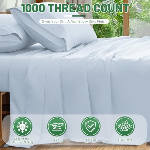 Image of 1000 Thread Count Egyptian Cotton Sheets Queen Size Set 4PCS Sateen Weave Soft Breathable 16-Inch Deep Pocket（Queen,Light Blue）