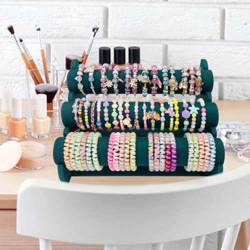 Image of Barelove Velvet Bracelet Holder with 3 Tier Rack, Green T-Bar Storage Organizer Detachable Display Stand for Necklace Watch Bangles Bracelets Scrunchies Organization Showcase