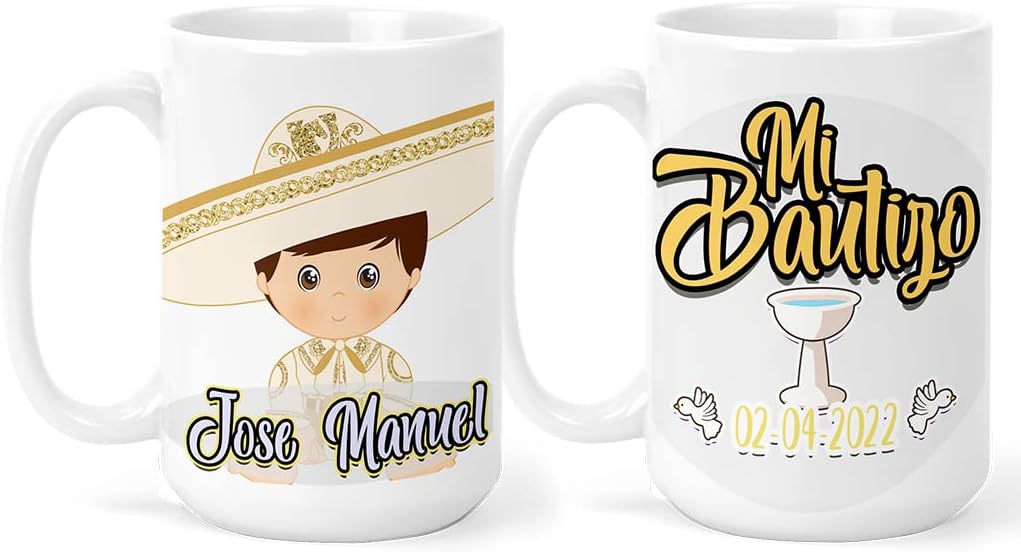 Recuerdos para Bautizo de Nió, Recuerdos de bautizo para Niño, Recuerdos de bautizo juego de 12 tazas de 11oz con 12 tarjetas de agradecimiento y 12 hermosos moños de satin personalizadas