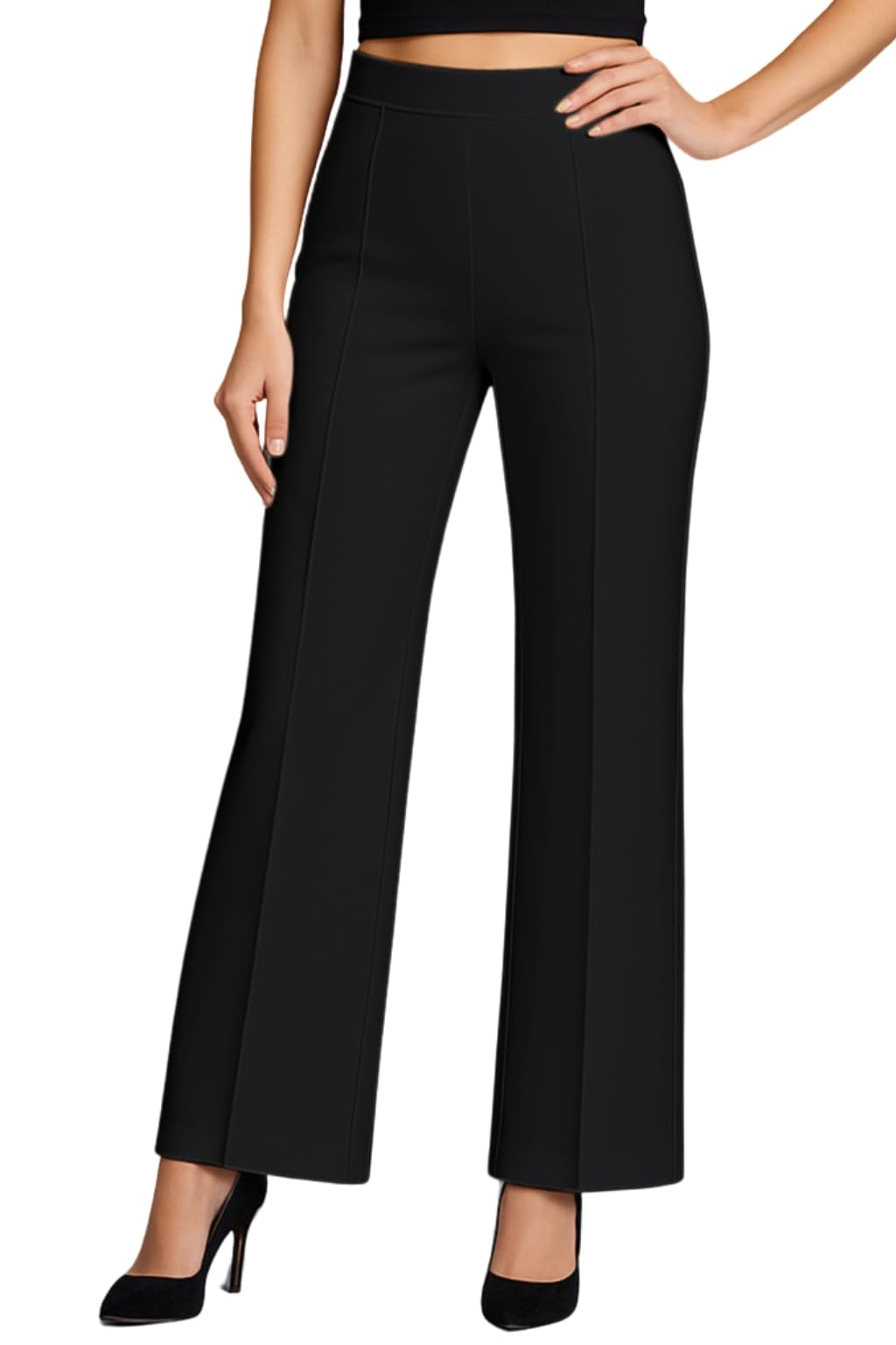 SWADESI STUFF Women’s High Waisted Bell Bottom Pants | Retro Wide Leg Trousers | Stretchy Flared Palazzo Pants for Office, Casual Wear & Party (in, Alpha, L, Regular, Black)