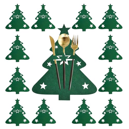 Set di 12 posate di Natale, in feltro, per albero di Natale, coltelli, forchette, cucchiai, posate da tavolo, da cucina, per posate (verde)