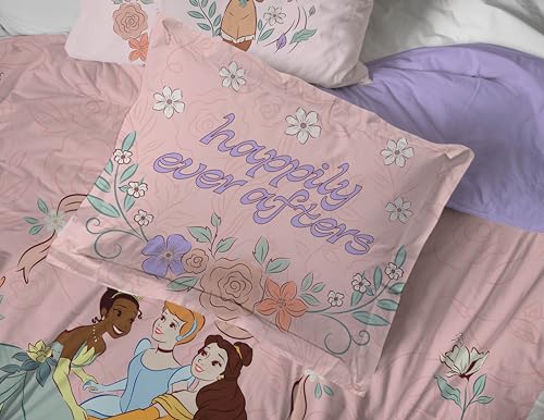 Image of Disney Princess Full Size Comforter Set 7 Piece Kids Bedding, Pink | Cinderella Rapunzel Belle, Bed in a Bag, Comforter Sheets Shams Pillowcases, Soft Microfiber, Machine Washable, Girls Gift
