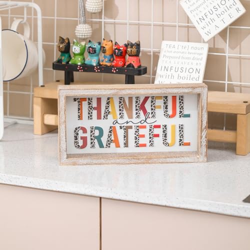 Image of Embossed Thankful and Grateful Sign, Thanksgiving Decorations for Table Cubicle Desk Mantel Fireplace, Vintage Thanksgiving Home Decor Leopard Print Wooden Sign