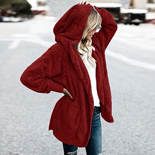 Teddy Bear Jacket for Women Open Front Cardigan Warm Faux Fur Jacket with Hood Ladies Winter Long Fleece Coat with Pockets4