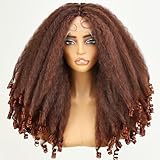 SOKU Afro Curly Lace Front Wig Synthetic Copper Reddish T Part 20 Inch Crimp to Curl Kinky Straight with Curly Ends Pre-plucked with Baby Hair Transparent Swiss Lace Yaki Texture Ginger Wigs for Women