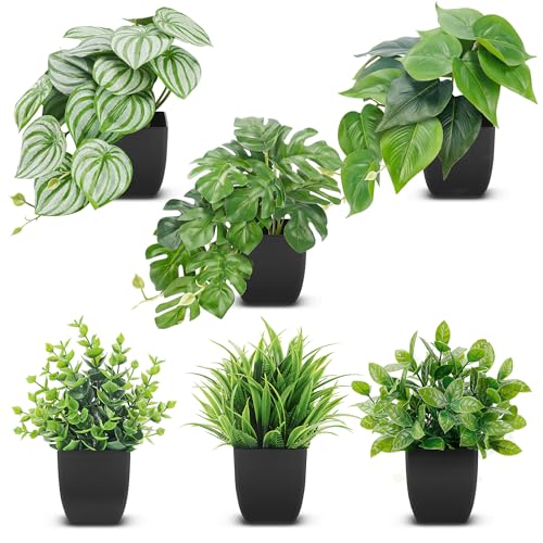 Der Rose 6 Pack Fake Plants Small Artificial Plants in Black Pots for Home Office Desk Bathroom Aesthetic Farmhouse Room Decor Indoor