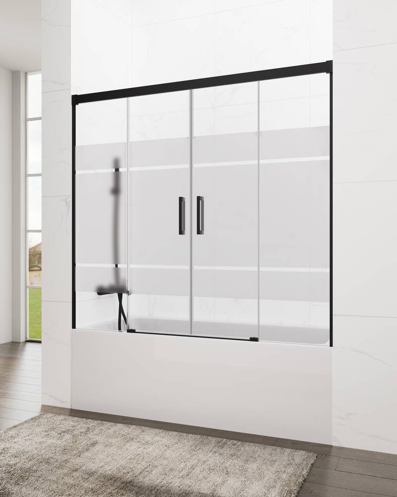 GME - Mampara Ducha Frontal Bañera Dos Puertas 2 Fijas + 2 Correderas 180cm Negro Mate | Mampara de Cristal Reversible, Perfilería con Ancho Adaptable y 150cm de Altura | Vidrio con Grosor 6mm
