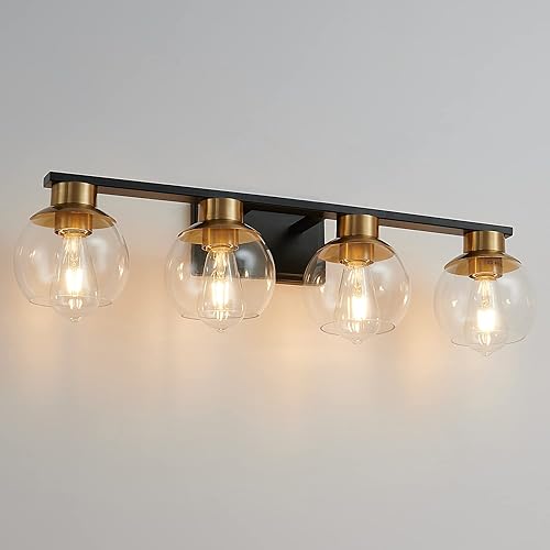 Miniatura 7 de PAZALA Lámpara de baño de oro negro sobre el espejo, 4 luces, lámpara de tocador de pared con pantalla de vidrio de globo, base E26, perfecto para