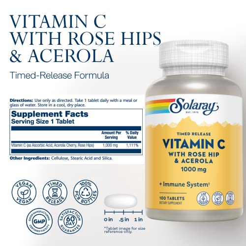 Solaray Vitamin C W/Rose Hips & Acerola, 1000Mg, Two-Stage Timed-Release Healthy Immune Function (250 Tabs) (100 Servings, 100 Tablets) #TOP1