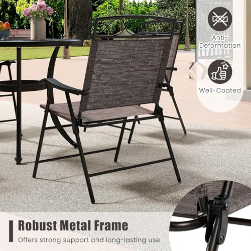 Image of Giantex Set of 4 Patio Folding Chairs, Outdoor Dining Chairs for Camping, Beach, Backyard, Deck, Portable Dining Chair w /Armrest and Metal Frame, 4-Pack (Dark Brown)