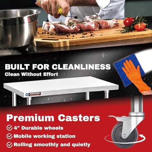 Image of DuraSteel 30x24 NSF Stainless Steel Cart Work Table - Heavy Duty Rolling Food Prep Table - Metal Utility Cart on Wheels Caster, Grill Stand Microwave Outdoor Kitchen Tables Countertop Island Large Top