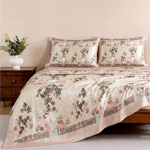 Image of Ishro Home Premium Bedsheet for Double Bed with 2 Pillow Covers - Cloud Cotton Bedsheet, Soft, Silky Smooth & Wrinkle Resistant, Luxury Printed Design (Flat Double Bed Size, Lisbon Garden)