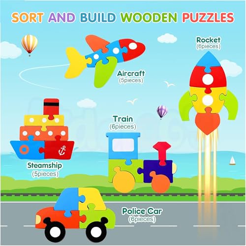 Image of Kidology 3D Wooden Puzzle Learning Toy Set for Toddlers - 6 Vehicle Shape Puzzles Blocks, Educational Fun Playset - Color & Shape Recognition Montessori Toy for Kids