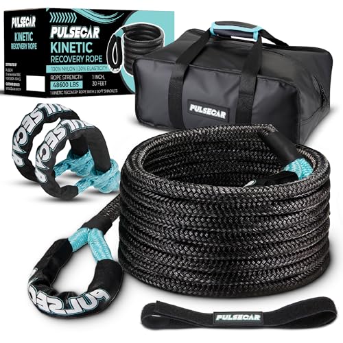 Kinetic Recovery Tow Rope 1'' x 30ft (48,600 lbs) with 2 Soft Shackles - Heavy Duty Offroad Snatch Strap Kit for Truck, SUV, ATV, UTV, Jeep - Durable & Elastic Tow Rope (Blue) - Pulsecar