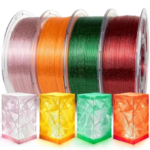 Image of IEMAI Glitter Clear PETG Filament 1.75mm 4kg Bundle, Sparkly Transparent Finish 3D Printer Filament 1kg Spool 4 Rolls Red+Orange+Green+Pink, for Most FDM 3D Printers