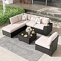 SunloungeCo 7 Pieces Outdoor Patio Furniture Set, Wicker Conversation Sets with Tea Table, Rattan Patio Sofa with Thick Cushions for Garden, Backyard Porch, Poolside,Beige
