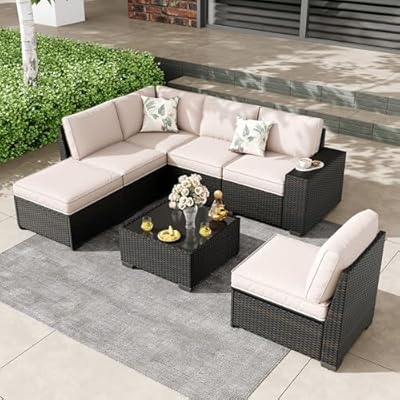 SunloungeCo 7 Pieces Outdoor Patio Furniture Set, Wicker Conversation Sets with Tea Table, Rattan Patio Sofa with Thick Cushions for Garden, Backyard Porch, Poolside,Beige
