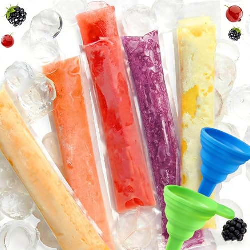 200 Pack Ice Pop Bags with Zip Seals Freeze Pop Bags for Homemade Ice Lolly Popsicle Bags for Yogurt Juice & Fruit Smoothies DIY Ice Pop Sleeves with 2 Funnels (5 x 28 cm)