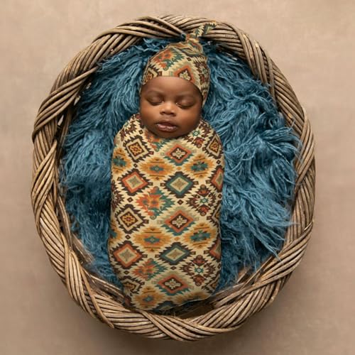 Image of Vintage Aztec Style Newborn Swaddle Blankets Hat Sets Soft Baby Receiving Blanket Swaddle Sack for Baby Shower Infant Boy Girl Gift