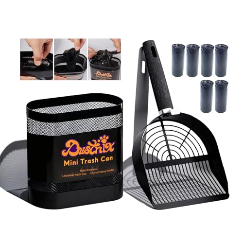 DUSTNIX Universal Metal Cat Litter Scoop with Holder – Heavy-Duty Scooper Storage Caddy, Contains 6 Rolls of Cat Litter Bags