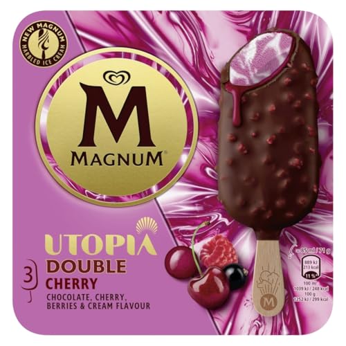 Magnum Gelato Double Cherry, Gelato al Ribes Nero, Lampone e Panna, con Salsa all'Amarena, con Strato di Cioccolato al Latte e Pezzetti di Zucchero al Gusto di Frutti Rossi, 3 pz x 85ml