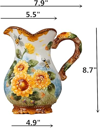 Miniatura 8 de Jarra de agua grande de cerámica, pintada a mano, girasol y abeja, soporte para ramo de decoración del hogar, 8.7 pulgadas de alto