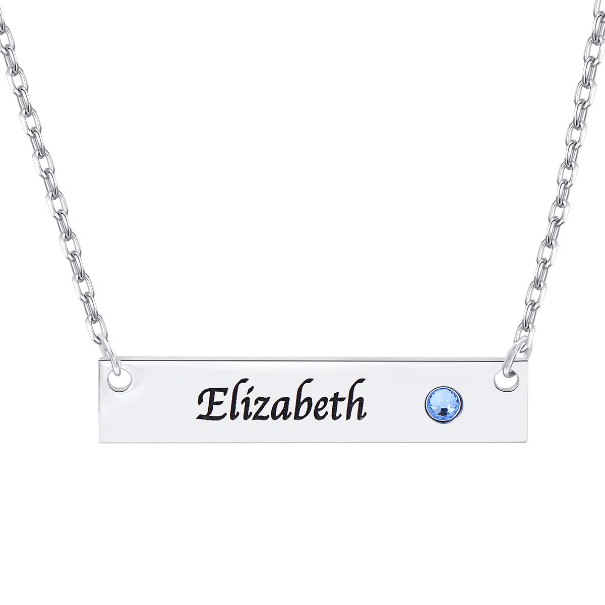 HybedoraPersonalized Name Bar Necklace, Custom Engraved Birthstone Horizontal Bar Necklace Charm Pendant for Woman