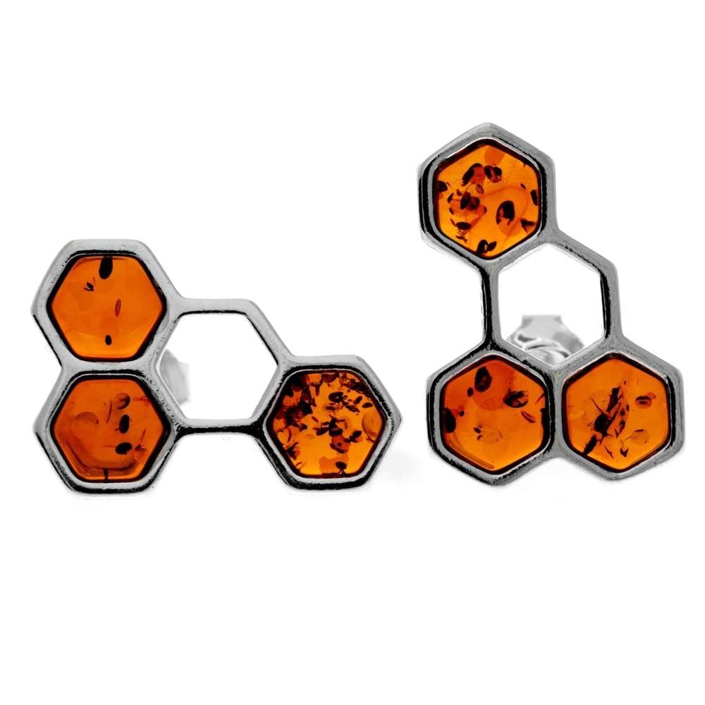 SilverAmber JewelleryUK - Genuine Baltic Amber set in 925 Sterling Silver Studs Honeycombs Earrings - GL1018