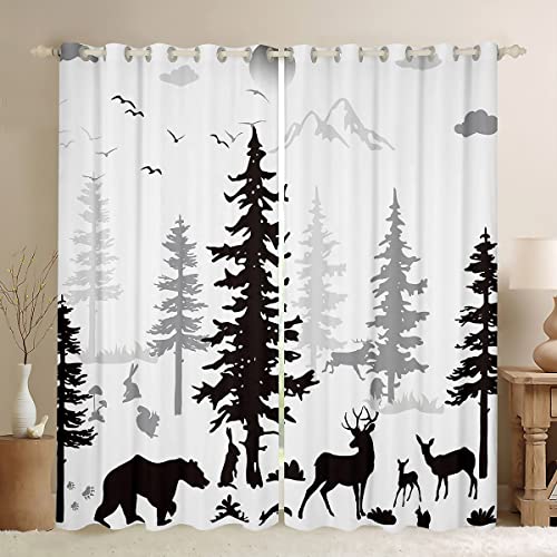 Cute Bear Blackout Curtains Deer Moose Curtains for Boys Girls, Jungle Wildlife Curtains & Drapes Kawaii Animal Living Room Curtains, Black White Cartoon Window Curtains for Kids Toddler Bedroom Decor