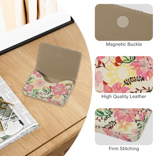 Image of Business Card Holder,PU Leather Business Card Case Color Printing Pattern Card Holder Wallet,Pockets Magnetic Credit Card Holders for Men and Women - Red Yellow Flowers