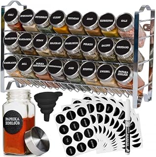 Deco haus® Stojak na Przyprawy ze Słoikami na Przyprawy - 3-poziomowy Metalowy Organizer Kuchenny - 24 Słoiczki, 48 Etykiet, Pędzelek, Haczyki - Półka Wolnostojąca lub na Ścianę - Chromowany Regał
