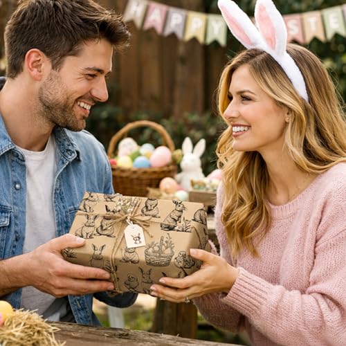 Wikadlik Kraft-Oster-Geschenkpapierrolle mit Schnittlinien auf der Rückseite - Häschen-Küken-Muster Geschenkpapier für festliche Bastelarbeiten und Dekorationen - 43 cm x 10 m