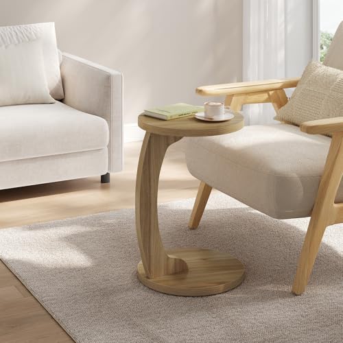 WOLTU Table d'Appoint en Forme de C, Table Basse Ronde, Bout de Canapé, en MDF, 38x55 cm, Chêne Clair, BTS20hei