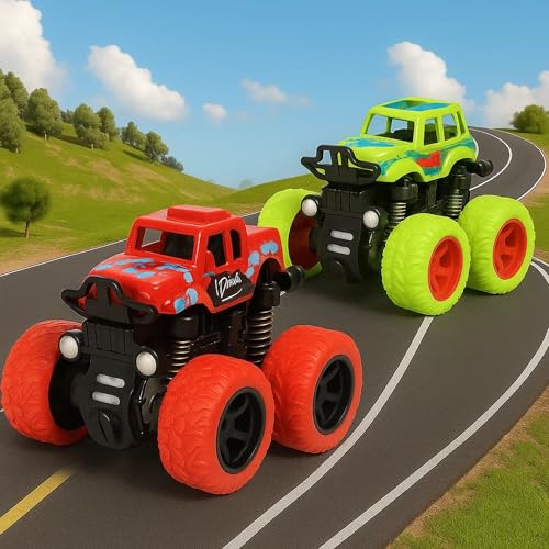 GRAPHENE Pack of 2 4x4 Monster Truck Toy Set for Boys 3-7 Years Old 4WD Friction Powered 360° Stunt Car Toys Pullback Durable High-Density Alloy Plast