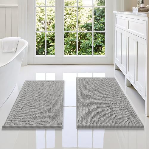 Image of Smiry Bathroom Rugs Sets 2 Piece, Soft Absorbent Chenille Machine Washable Non Slip Shaggy Bath Rug Set for Tub, Shower, and Floor (34x21+30x20, Light Grey)