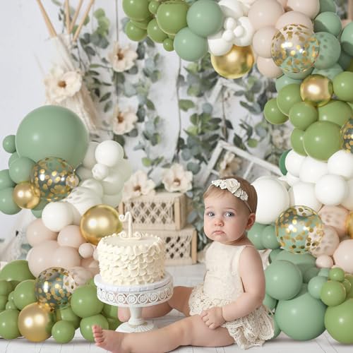 Image of Ouddy Party 129Pcs Sage Green Balloon Arch Garland Kit in 18 12 10 5 Inch | Different Sizes 6Pcs 18 inch Olive Green Latex Balloons for Birthday Engagement Wedding Jungle Safari Party Decorations